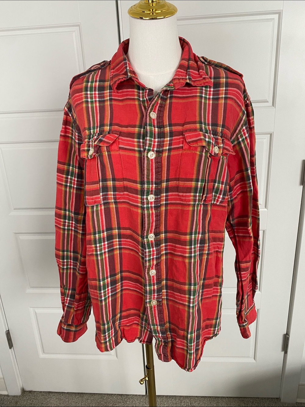 Polo Ralph Lauren Women’s Large Linen Silk Plaid Shirt Red Tartan Military